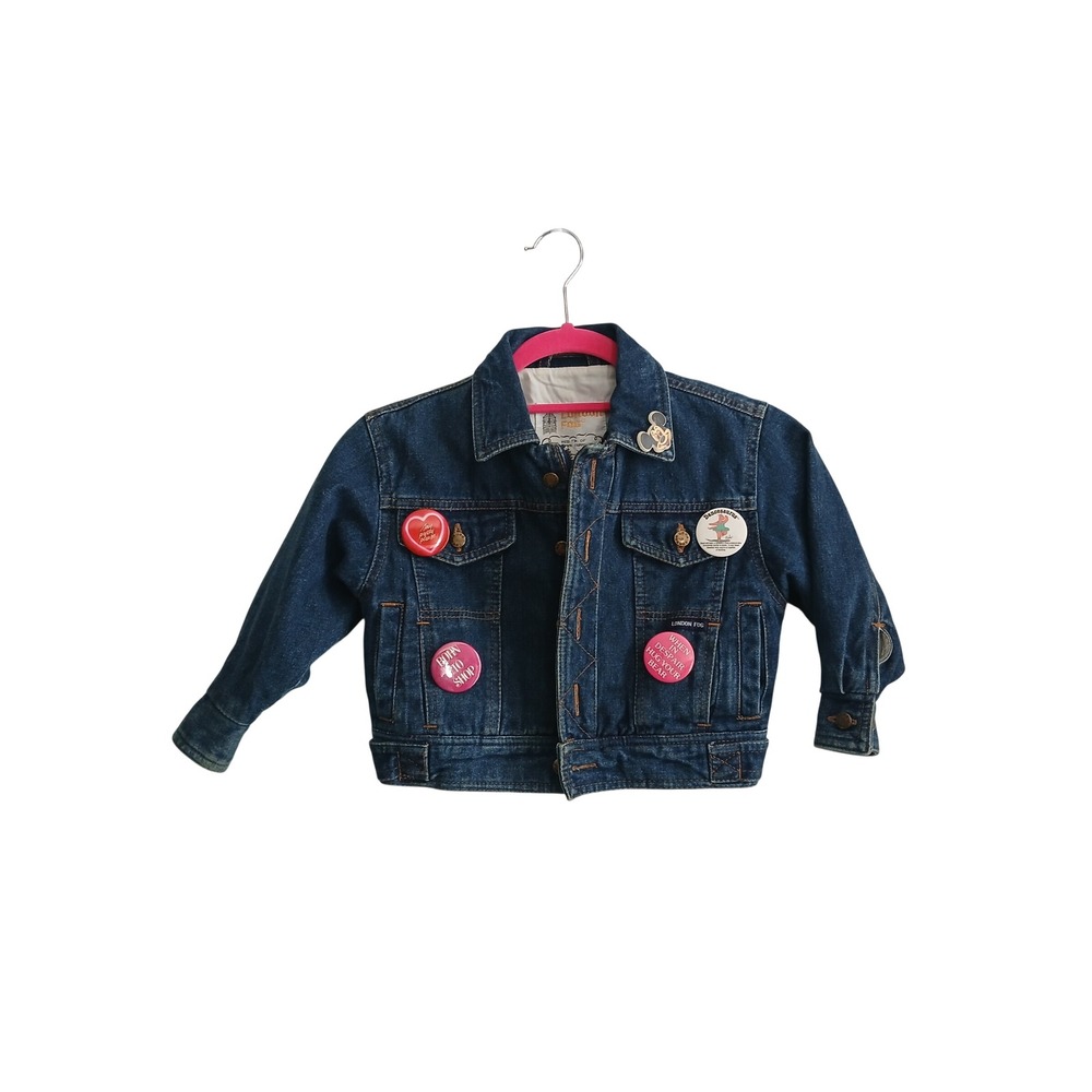 Vintage London Fog Kids Denim Jacket Blue Trucker Zip Up Big Ben Pull Pins/M